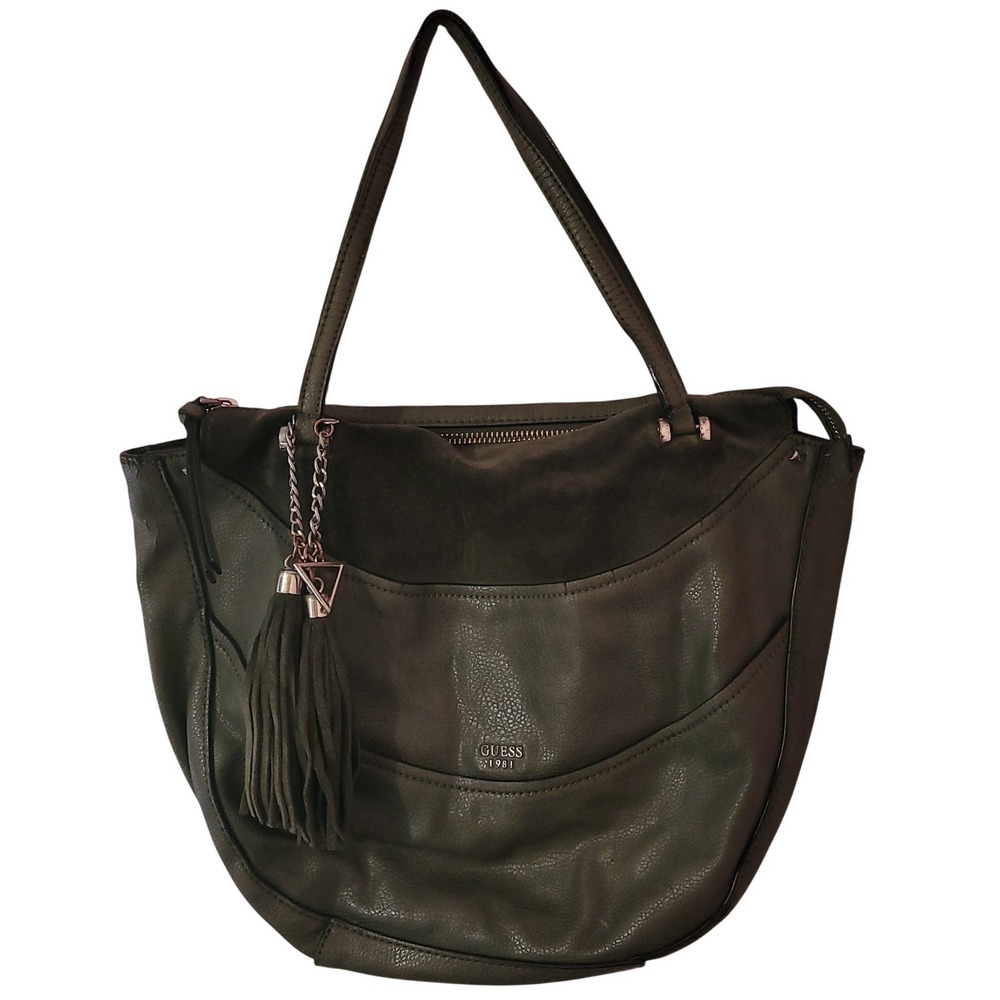 GUESS 1981 Olive Green Pebbled Faux Leather Hobo Bag with Suede 80s Trim Tassel
